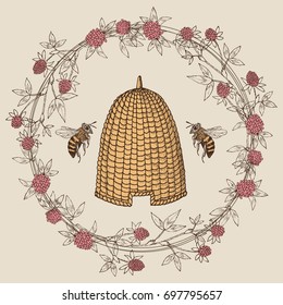 Bee hive in a wreath of clover. Hand drawn vector illustration