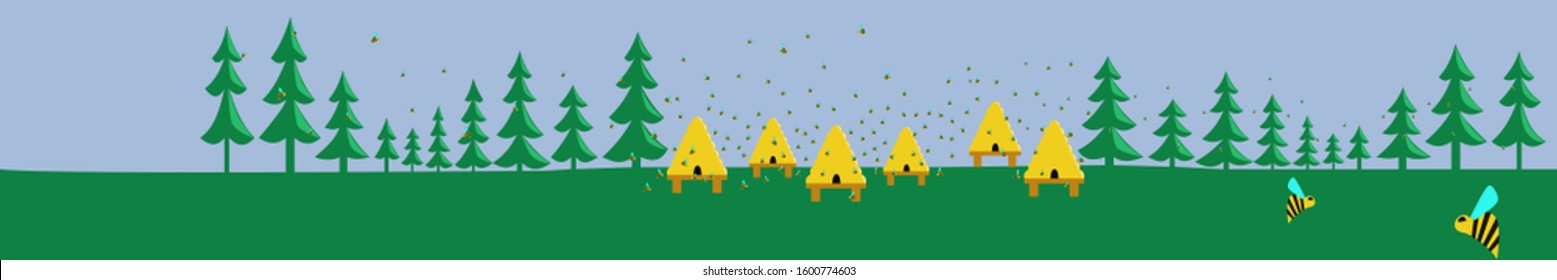 Bee hives with the bees in the middle of the forest. Illustrations. Vector. Bee. Bee-hive. Trees. Forest. Coniferous trees.