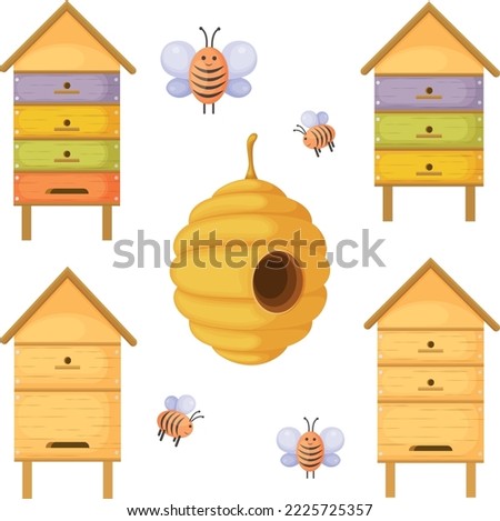Bee hives. A set with the image of beehives of various shapes and colors. Houses for bees. Wooden beehives with bees. Vector illustration