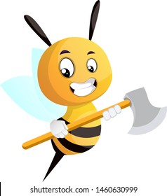 Bee holding an axe, illustration, vector on white background.