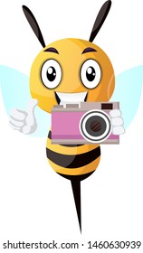 Bee holding a camera, illustration, vector on white background.