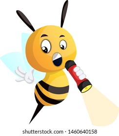 Bee holding flashlight, illustration, vector on white background.