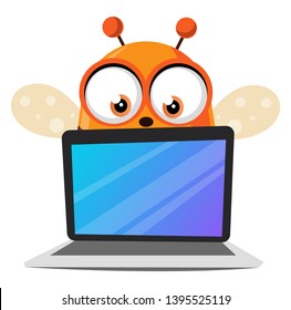 Bee holding a laptop, illustration, vector on white background.