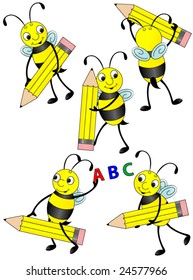 Bee holding a pencil, educational vector.