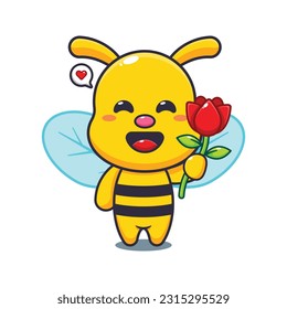bee holding rose flower cartoon vector illustration.