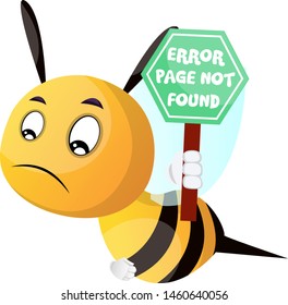 Bee holding sign page not found, illustration, vector on white background.