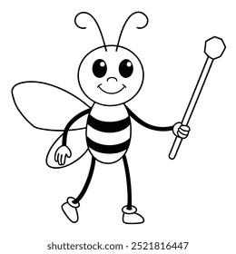 Bee Holding Stick Cartoon Vector Art.