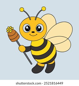 Bee Holding Stick Cartoon Vector Art.