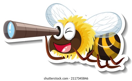 A bee holding telescope cartoon character illustration