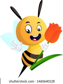 Bee holding tulip and waving, illustration, vector on white background.