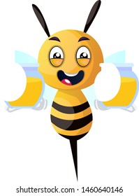 Bee holding two honey jars, illustration, vector on white background.