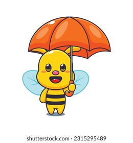 bee holding umbrella cartoon vector illustration.