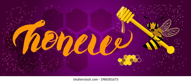 a bee holds a spoon on which honey flows. lettering word honey. sketch label 