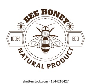 Bee honey, apiary isolated icon, bee and flowers sketch vector. Beekeeping farm products, organic food label, natural nutrition and vitamins. Insect pencil drawing, brand or label, emblem or logo