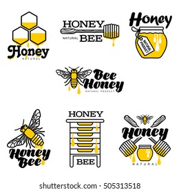 Bee, honey, apiary logo set, sketch style vector illustrations isolated on white background. Hand-drawn bee, hive, honey jar and dipper logos for honey products, labels, bee farms and apiaries