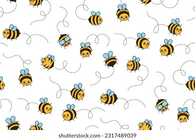 Bee honey cartoon seamless pattern. Kids honeybee insect characters with funny faces retro endless background. Cute summer ornament comic smiley striped bees repeat vector, boundless illustration