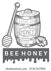 Bee honey cask drawing. Apiary barrel logo