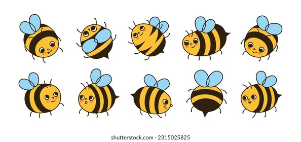 Zeichensatz für Bienenhonigfiguren Comics Kinder Honigbienen-Maskottfiguren mit lustigen Gesichtern Retro-Design. Cute handgezeichnete Sommer Vintage Comic Smiley gestreifte Bienen Doodle Vektorgrafik