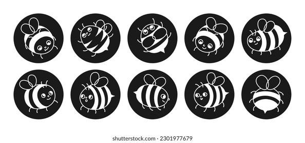 Bee honey characters engraving symbol set. Comics kids honeybee insect characters with funny emotion faces. Cute drawn summer vintage comic  striped bees retro cartoon design vector illustration