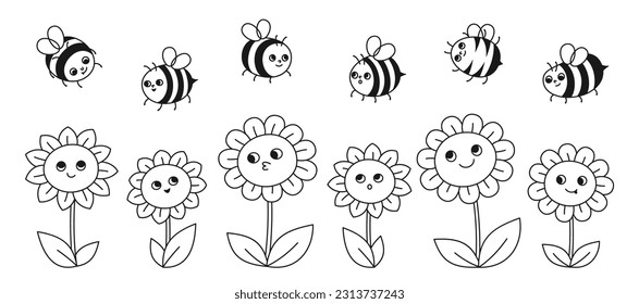 Bee honey characters and flowers cute linear cartoon set. Comics kids honeybee insect characters with funny faces. Cute hand drawn summer comic smiley striped bees retro design vector illustration