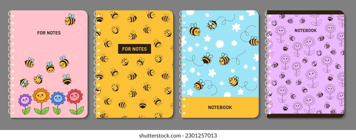 Bienenhonigfiguren und Blumen Notizbuch, Retro-tro-modische Notizblock-Cover-Set. Comics Honigbieneninsekten-Maskottfiguren mit lustigen Gesichtern Design für Planer, Broschüren, Buch. Seite mit Katalogvorlage