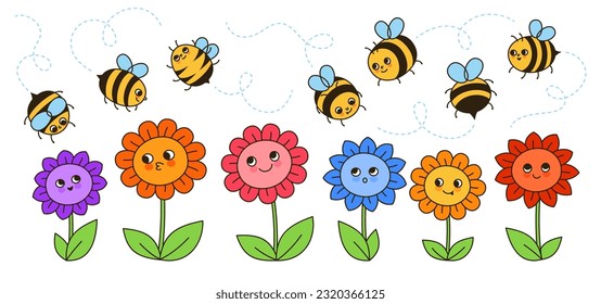 Bienenhonigfiguren und Blumen retro-Cartoon-Illustration. Comics-Kinder haben Bieneninsektenfiguren mit lustigen Gesichtskunst. Cute handgezeichnete smiley gestreifte Bienen Doodle-Design-Vektorgrafik