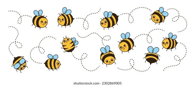 Bee honey characters flying on dotted route cartoon set. Comics kids honeybee insect mascot characters with funny faces retro design. Cute vintage comic smile striped bees doodle vector illustration