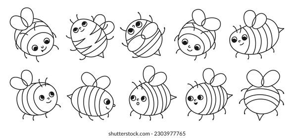 Bee honey characters linear doodle set. Comics kids honeybee insect characters with funny emotion faces. Cute drawn summer vintage comic smiley striped bees retro cartoon design vector illustration