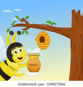 bee and Honey comb illustration hang on tree