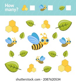 Abeja, peines de miel, hojas. Tarjeta de juego de cuenta para niños. Ilustración vectorial brillante. Cuántos