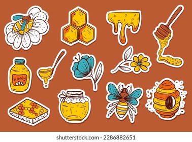 Bee honey cute nature stickers isolated set. Vector graphic design illustration