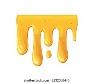 Bee honey dripping, flowing, leaking down. Gold amber liquid fluid with streams and drops. Molten candy, caramel, sticky maple syrup trickles. Flat vector illustration isolated on white background