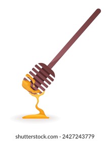 Bee and honey element of colorful set. It depict a wooden spoon for honey in a charming nature style, highlighted by warm yellow tones. Vector illustration.