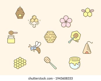 Bee and honey element Vector illustration. organic, sweet, natural, honey bee, fresh, apiary, beehive, honey jar, spoons, honeycombs and more. Flat illustration.