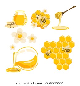 Bee and honey elements. Vector illustration.