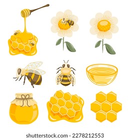 Elementos abejas y miel. Ilustración vectorial.