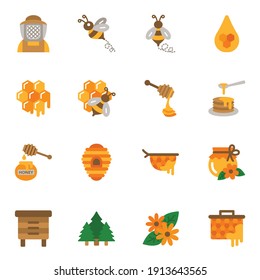 Bee and honey flat icons set with white background. 