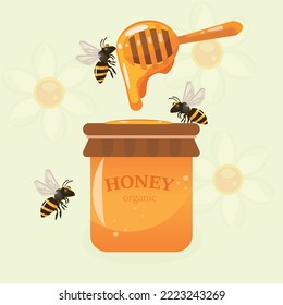 Abeja y miel, ilustración plana
