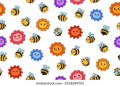 Bee honey and flowers retro cartoon seamless pattern. Kids honeybee insect characters with funny faces summer endless background. Ornament comic meadow bees doodle repeat boundless illustration