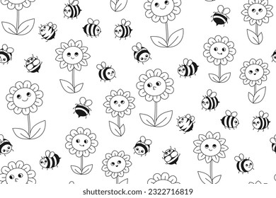 La miel de abeja y las flores retro son un patrón sin fisuras. El dibujo animado de verano ornamenta a los niños. Personajes de insectos de abeja de miel con caras divertidas y fondo interminable. Línea cómica de abejas doodle ilustraciones ilimitadas repetidas