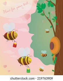 Bee and honey. Funny illustration with insect. Can be used for card. Vector