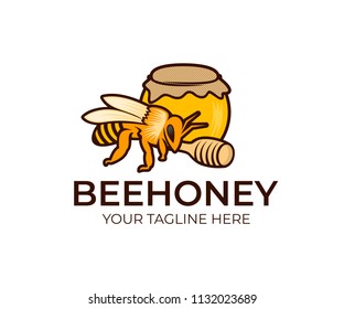 Bee, honey in glass jar and wooden honey dipper, logo template. Beekeeping, apiary and agriculture, farming, vector design, nature illustration