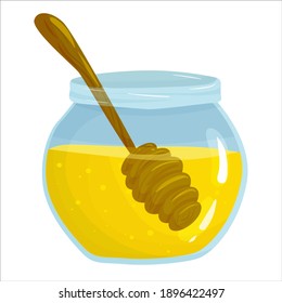 bee honey in a glass jar with a wooden spoon. natural sweets vector illustration isolated on white background