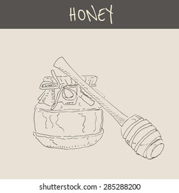 Bee honey glass pot, in engraving etching sketch hand drawing style, for healthy food store and  restaurant design