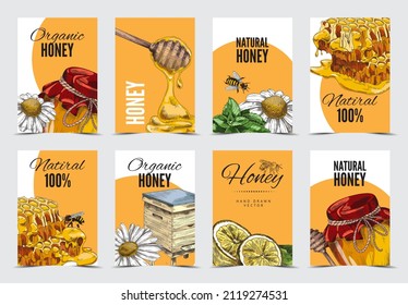 Bee honey hand drawn labels or flyers collection, sketch vector illustration. Healthy organic natural honey advertising banners for apiary and farm market.