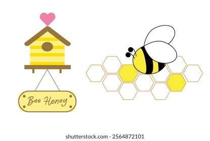 Bee Honey Hexagone Grid Cells, Love Home of Bees, And Bee Cartoon on White Backgorund Vector.