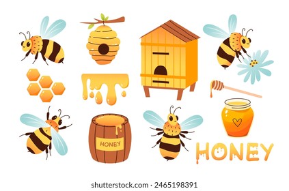 Bee, honey and hive. Beekeeping vector illustration set. Cute bees in different poses