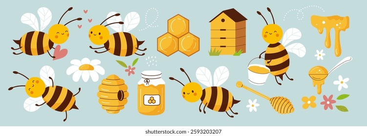 Bee honey hive. Farm honey bees with flowers. Character animal honeycomb. Childrens insect icon of nature. Cute beeswax. Vector funny mascot. Cartoon flat style isolated cute bumblebee illustration