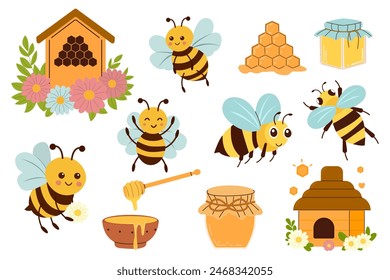 Bee, honey and hive. Set of beekeeping vector illustrations. Collection of cute funny bees in different poses.