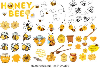 Bee, honey and hive. Set of beekeeping vector illustrations. Collection of cute funny bees in different poses.